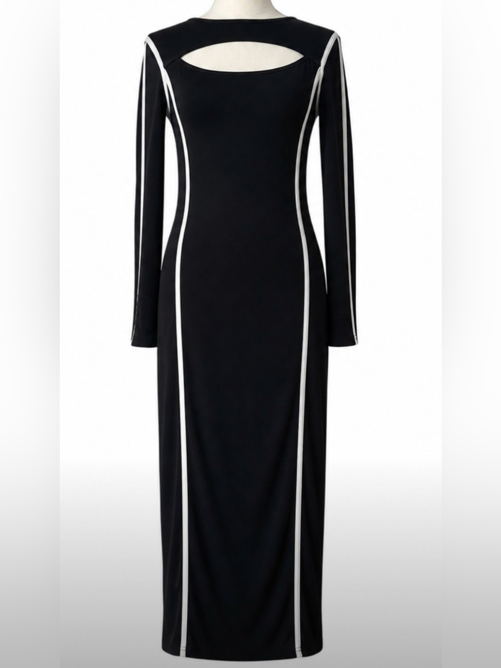 Sporty Modern Navy Blue White Piping Cutout Bodycon Maxi Dress Size L Edgy Y2K